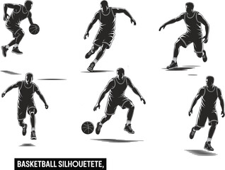 Basketball player silhouette vector set, dribbling, shooting, running poses, sports action illustration, athletic movement, team game, editable design elements
