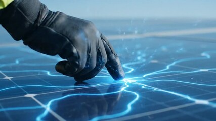 Close-up of a technician's gloved hand touching a solar panel, with glowing blue lines visualizing the flow of renewable electricity. - Powered by Adobe