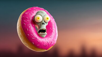 Zombie face is on a pink donut. The zombie face is looking at the camera. The donut is floating in the air