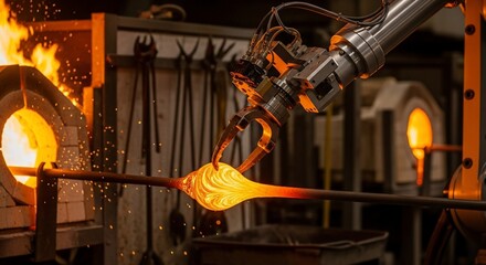 Robotic arm shaping molten glass in a hot industrial furnace