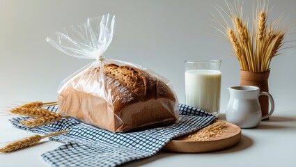 Fresh bread in a plastic bag with wheat, glass of milk, and bread ingredients on a checkered cloth. Baked goods and dairy, concept. Food and nutrition. The concept of baking and nourishment