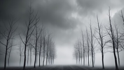 A foggy day in a barren forest with leafless trees and a dark, cloudy sky.