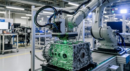Robotic arm with laser scanning inspects engine block on automated assembly line
