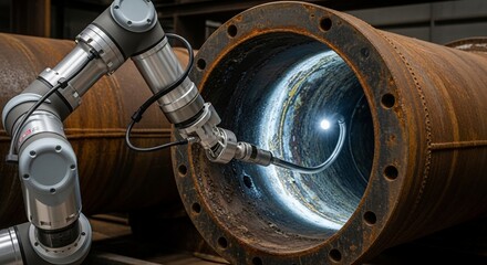 Robotic arm with camera inspects interior of rusty industrial pipe