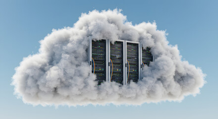 White Server Rack Floating in Fluffy Cloud Against Blue Sky