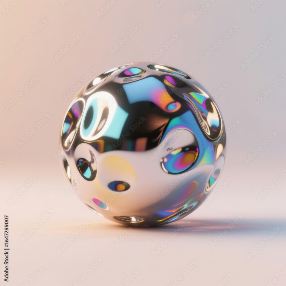 Poster iridescent galactic metallic sphere with abstract reflections on soft gradient background