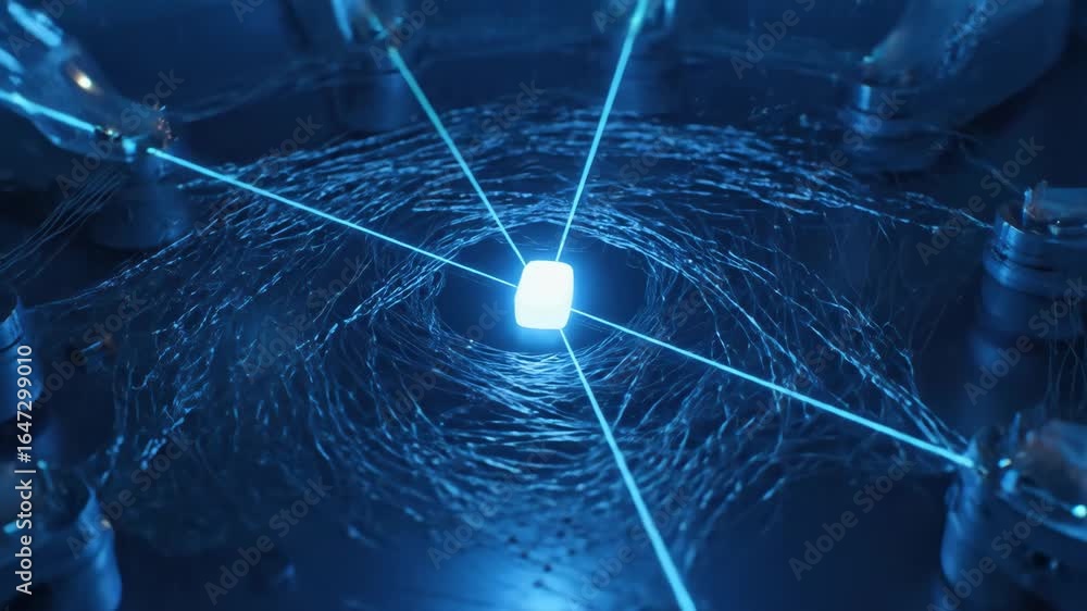 Poster quantum computing: glowing qubit in laser web - a close-up cinematic shot reveals a glowing qubit at