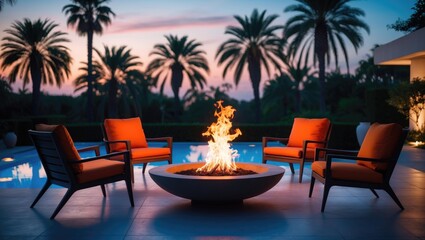 A luxurious outdoor seating area with a central fire pit, surrounded by chairs, against a backdrop of palm trees at sunset or dusk.
