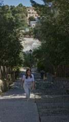 Woman walking up stone steps surrounded by lush greenery at beach in santanyi, mallorca with sea view in the background, capturing mediterranean essence.