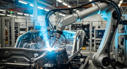 Robotic arm welding car chassis with bright sparks in modern factory