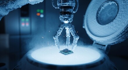 Robotic Arm with Frost Gripping a Microchip in a Cold Environment