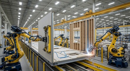 Robotic Arms Assemble Prefabricated Building Walls in Modern Factory