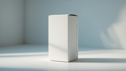A white box standing upright on a surface with soft natural light and shadows, shot indoors against a plain background.