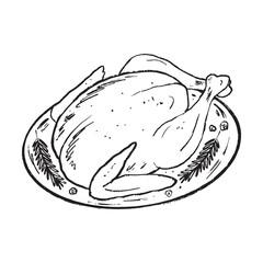 Roasted turkey with spices, rosemary on the plate in black brush stroke texture isolated on white. Festive meal, holiday celebration. Hand drawn vector sketch illustration in vintage charcoal ink