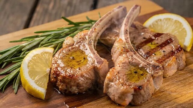 Two juicy lamb chops seasoned with fresh rosemary and lemon slices cooking on a flaming barbecue grill.