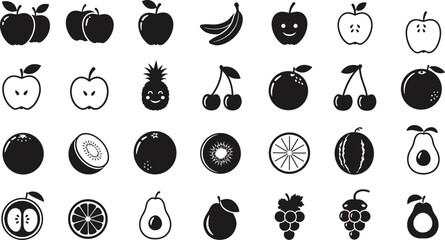 fruit and vegetable icon set Black and white  with healthy food illustrations