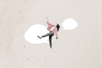 Sketch image art pop trend collage of happy girl dance bubble notification dialogue speech phrase networking email conversation