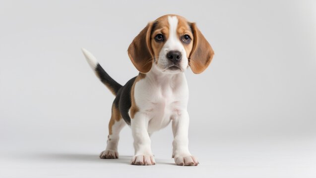 A cute beagle puppy standing on a white background. - Powered by Adobe