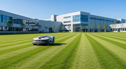 Robotic lawn mower operates on a perfectly striped green lawn in front of a modern industrial building