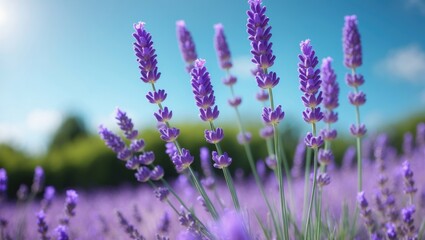 Naklejka premium Lavender flowers in a field with a clear blue sky and blurred green background. Nature and floral scene. The beauty of lavender in bloom.