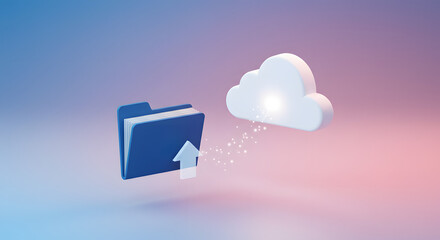 Blue Folder Uploading Data to White Cloud on Gradient Background