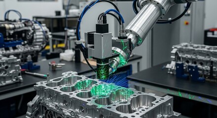 Robotic arm with laser scanning engine block in manufacturing facility