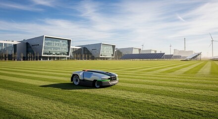Robotic lawn mower operates on a manicured lawn in front of modern buildings with solar panels and wind turbines