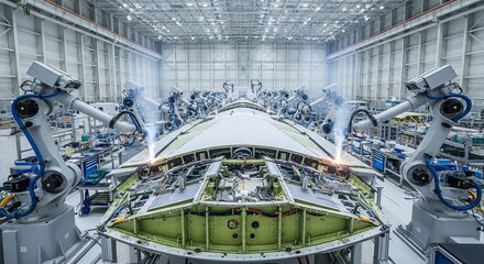 Robotic arms performing welding on an aircraft fuselage in a modern factory