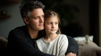 Fototapeta premium Father and daughter bonding indoors in soft light