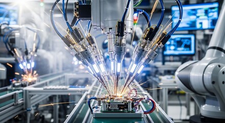 Robotic arms precisely welding electronic circuit board with sparks flying in factory