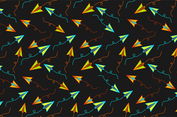Seamless pattern colorful paper airplanes flying. Paper airplane with dotted path vector set. Flying paper airplane with dotted air route. Paper airplane icon set. Flying airplane set collection.