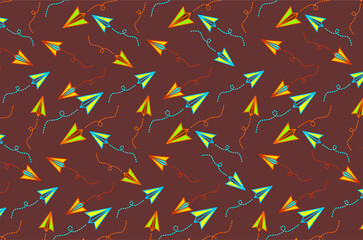 Seamless pattern colorful paper airplanes flying. Paper airplane with dotted path vector set. Flying paper airplane with dotted air route. Paper airplane icon set. Flying airplane set collection.