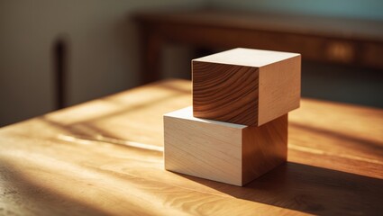Two wooden blocks stacked on top of each other on a wooden surface with sunlight casting shadows.