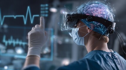 Male doctor wearing virtual reality glasses in a medical setting, interacting with digital data.