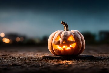 A vibrant Halloween pumpkin glows brightly with a carved face sitting on dark ground at night, ready for celebration.