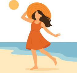 Girl wearing oversized hat on the beach Illustration.
