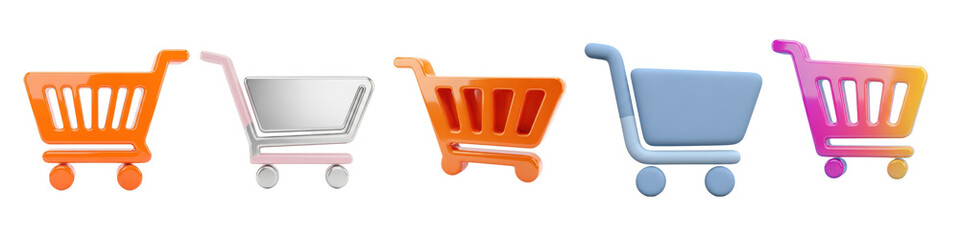 Set of colorful shopping carts isolated on transparent background