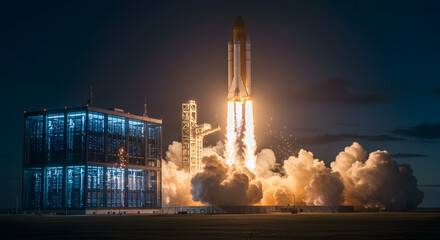 Spacecraft Launching with Bright Flames at Night Time