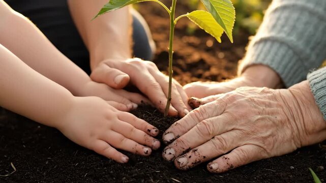 Three Generations Planting a Sapling - A close-up shot shows the hands of a child, parent, and grandparent gently planting a young tree sapling in rich soil.