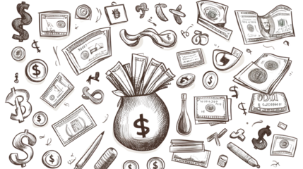 Set of hand drawn money and finance doodle icons with business symbols isolated on white background
