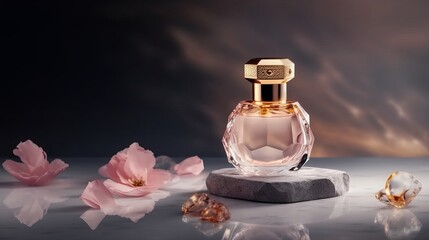 generic luxury roses perfume mockup glass bottle with golden chrome cap and pink crystal body on rock display, Generative AI