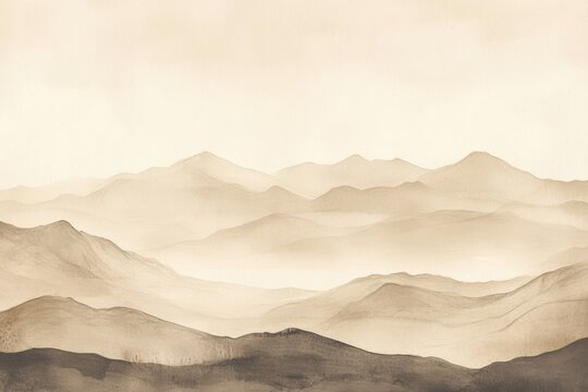 A subdued, earth-toned landscape painting with multiple layers of mountains receding into the distance creating depth and serenity.