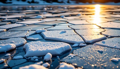 A frozen lake during sunset with ice patches reflecting sunlight and small ice chunks scattered across the surface.