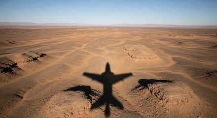 Shadow of an airplane flying over a vast, arid desert landscape under a clear blue sky