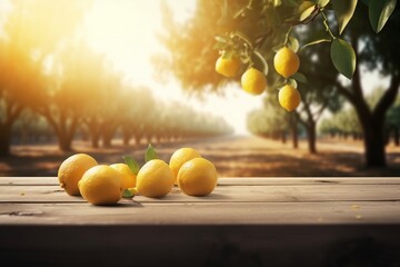 golden hour lemon citrus fruits on wooden table with trees field on morning sunshine background with copyspace area, Generative AI
