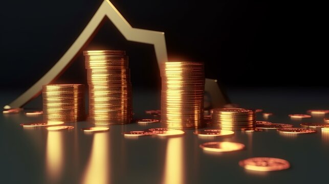 Golden coin stacks and arrow down, 3D illustration, Financial crisis, Downtrend tendency, Declining economy concept, Generative AI