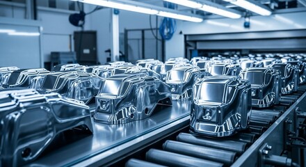 Shiny Metal Car Parts on a Factory Conveyor Belt