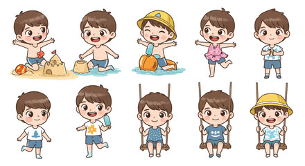 Adorable cartoon boys engaged in various summer leisure activities, including building sandcastles and swinging on playground swings.