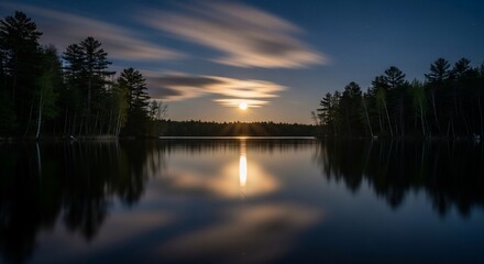 Serene Moonlit Lake Reflecting Streaky Clouds and Forest Silhouettes