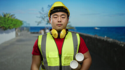 Young man holding blueprints wearing safety gear at seaside promenade with a calm sea background...